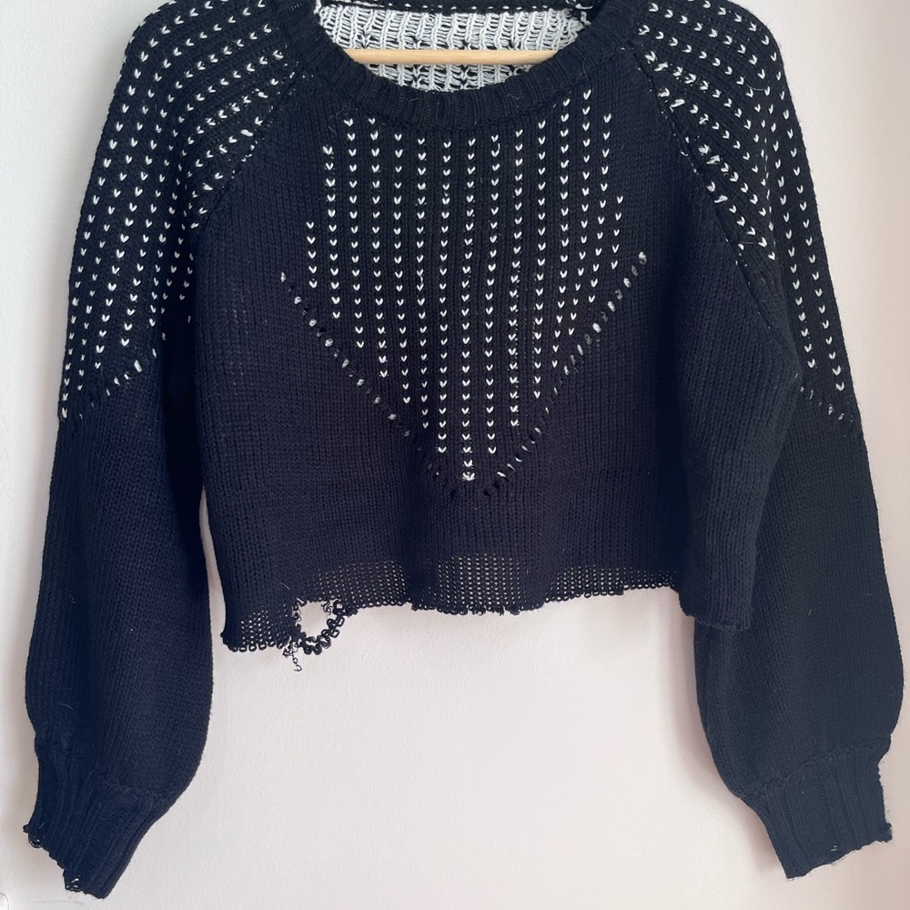 Black Cropped Open-Knit Sweater